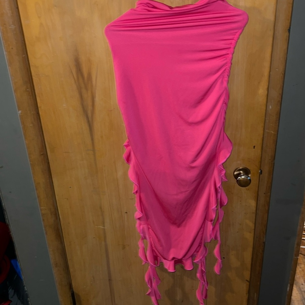 Pink strapless dress.